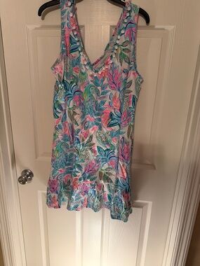Lilly Pulitzer Sleeveless Floral V-Neck Dress in Blue and Pink, XXL